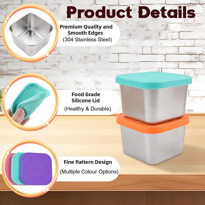 Pack of 6 Stainless Steel Small Food Containers, 180 ml Stackable Snack Pots with Leak-proof Silicone Lid, Reusable Food Storage Containers, Snack Boxes for Snack, Salad, Dressing - Image 3