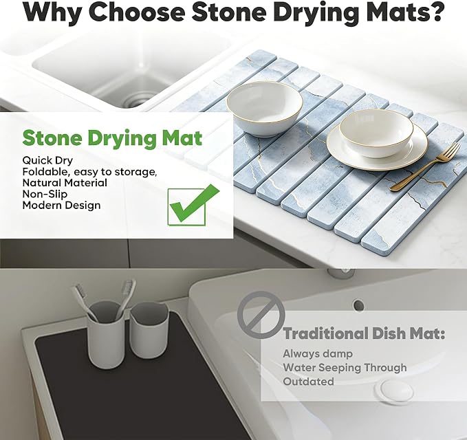 Stone Drying Mat for Kitchen Counter, Quick Diatomaceous Earth Mats for Dishes, 24"L x 16" W Super Absorbent Fast-Drying Collapsible Countertop Stone Mat (Marble White-09, 24" x 16") - Image 4