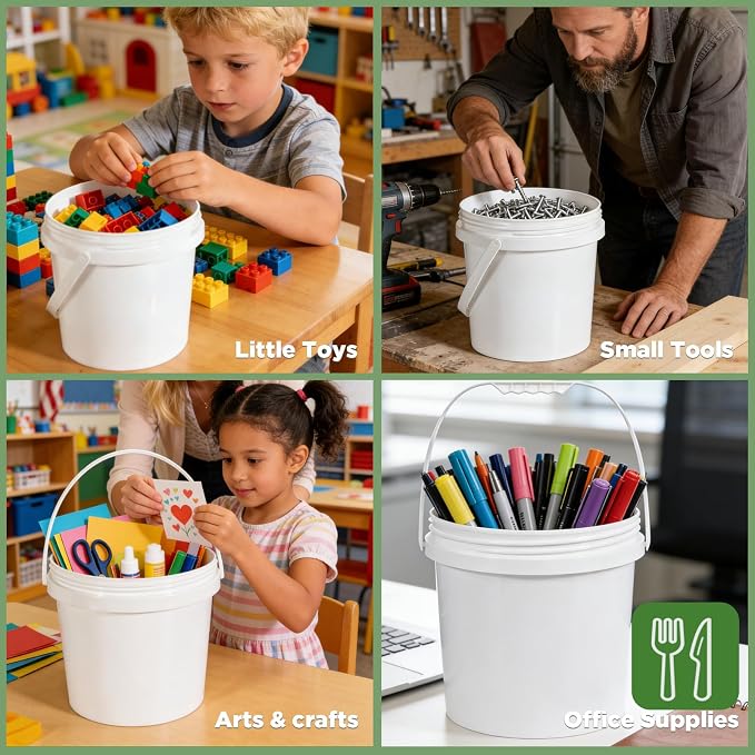 4 Pack 64oz Plastic Buckets with Screw Lids & Handle, Food Grade Storage Containers for Kitchen, Freezer - Reusable White Plastic Bucket Set - Image 6