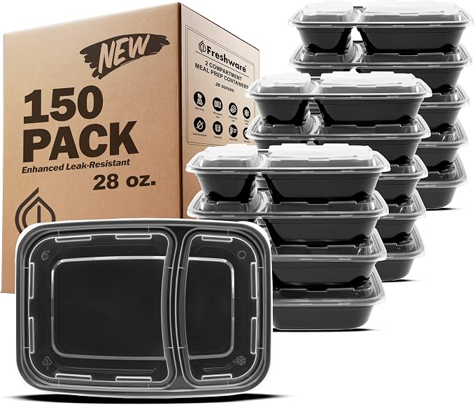 Freshware Meal Prep Containers with Lids 28 oz [150 Pack] 2-Compartment Food Storage Containers, Bento Box Lunch Containers, BPA Free, Airtight, Stackable, Reusable, Microwave/Dishwasher/Freezer Safe by Freshware