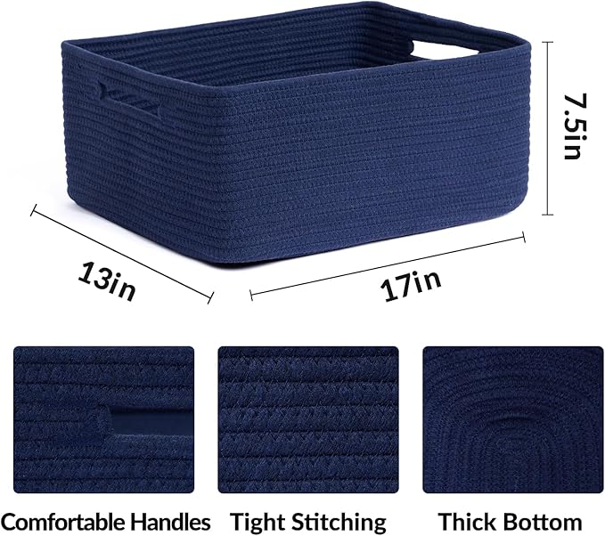 MiniArk Large Storage Baskets for Shelves, 17 x 13 x 7.5” Closet Organizers Bins for Clothes Blanket Towels, Baby Nursery, Toy Baskets Box, Woven Rope Baskets, 3 Packs Navy Blue - Image 2