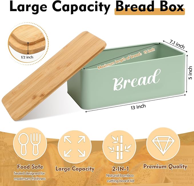 Hushee Metal Bread Box and Butter Dish with Bamboo Cutting Board Lid and Knife Bread Storage Container Breadbox for Kitchen Counter Butter Organizer for Kitchen Countertop Decoration(Sage Green) - Image 2