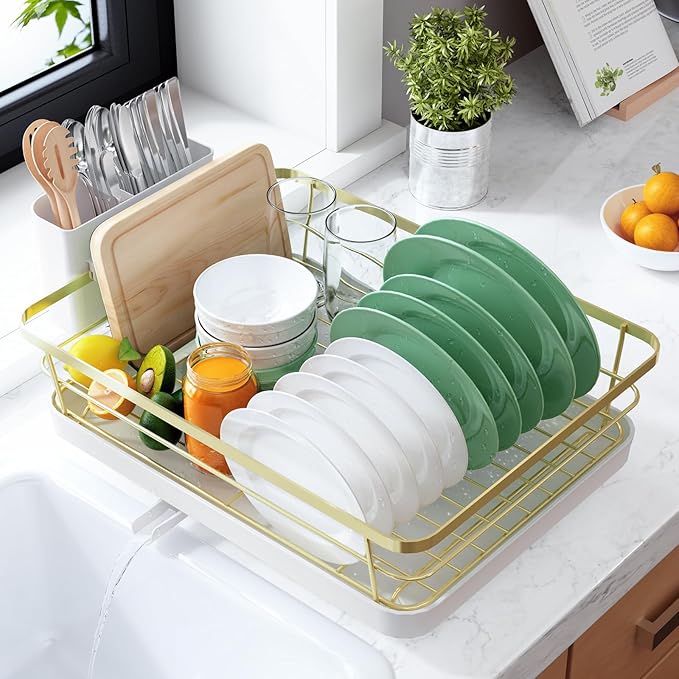 Kitsure Dish Drying Rack for Kitchen Counter, 12''W x 15.5''L, Gold | Stainless Steel Sink Organization, Cutlery Holder, Home and Appartment Decor by Kitsure