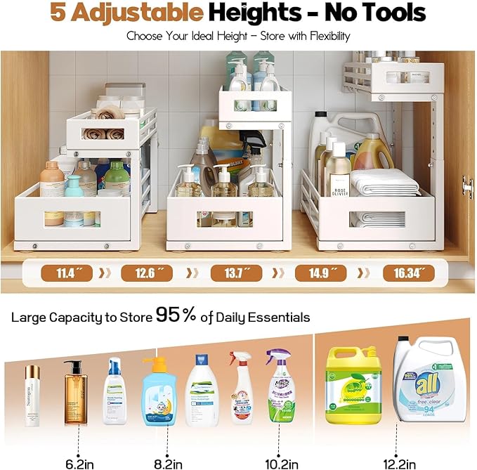 L-Shaped Metal Under Sink Organizer, 2-Tier Double Pull-Out Cabinet Organizer for Kitchen & Bathroom Storage, Height Adjustable, Smooth Cylinder Rail, White, 2 Packs - Image 6