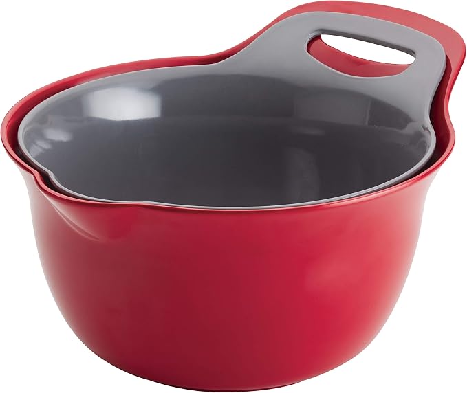 Rachael Ray Tools and Gadgets Nesting / Stackable Mixing Bowl Set with Pour Spouts and Handle - 4 and 5 Quarts, Red and Gray - Image 2