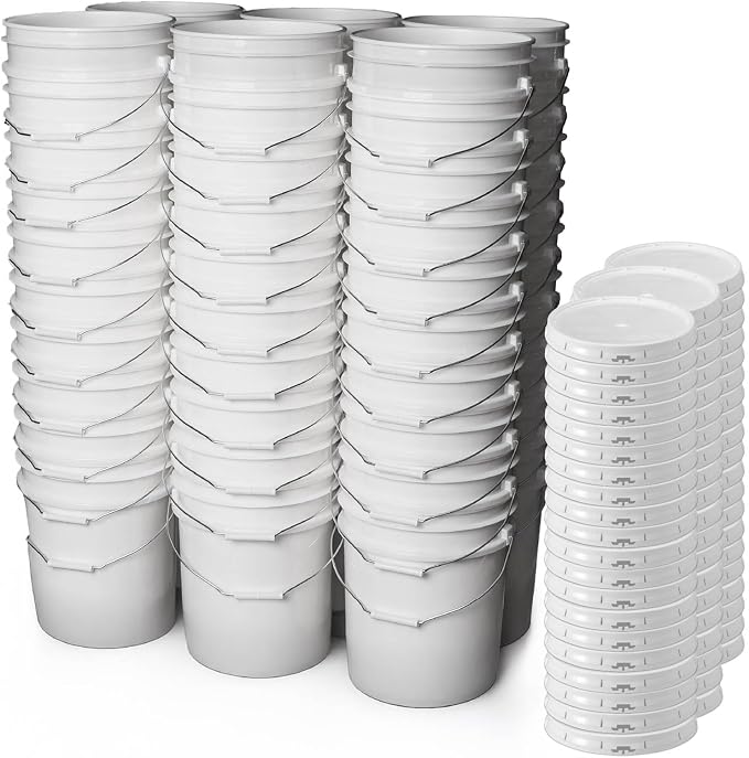 5 Gallon Bucket - Food Grade w/Lid BPA-Free,60 Pack - White | Airtight Gasketed Tear Strip Lid, Heavy-Duty 90 Mil HDPE Plastic Pail, Bulk Storage, Food Safe Durable Container, Made in USA by ePackageSupply