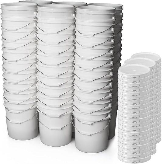 5 Gallon Bucket - Food Grade w/Lid BPA-Free,60 Pack - White | Airtight Gasketed Tear Strip Lid, Heavy-Duty 90 Mil HDPE Plastic Pail, Bulk Storage, Food Safe Durable Container, Made in USA by ePackageSupply
