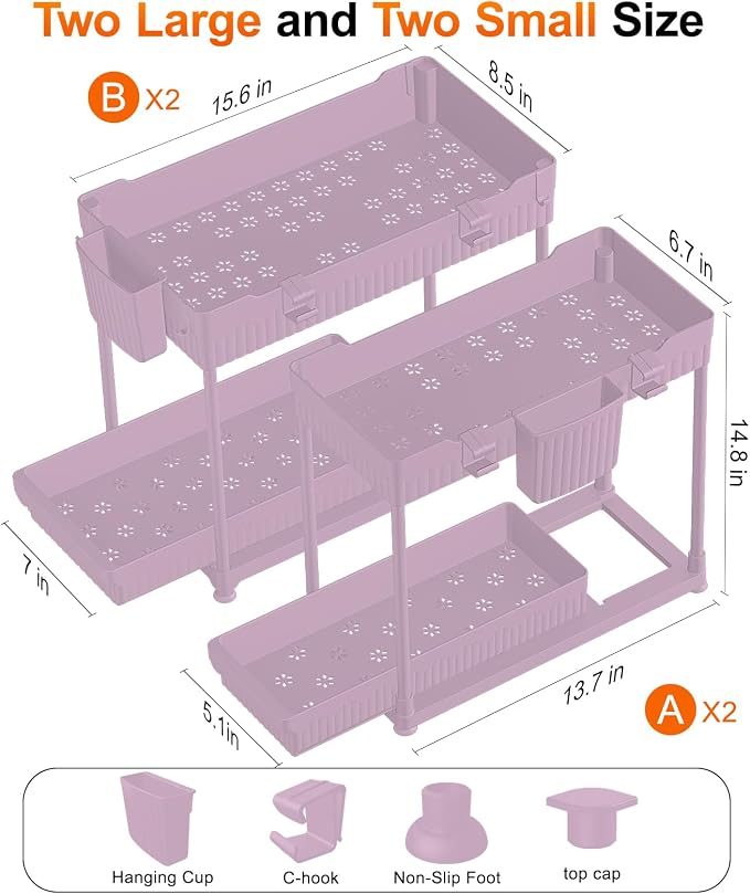 4-Pack 2-Tier Under Sink Organizer with Pull Out Drawers | Multi-use kitchen & bathroom storage. Includes hanging hooks and cups. Pink, space-saving cabinet design. 14.8 Inch - Image 2