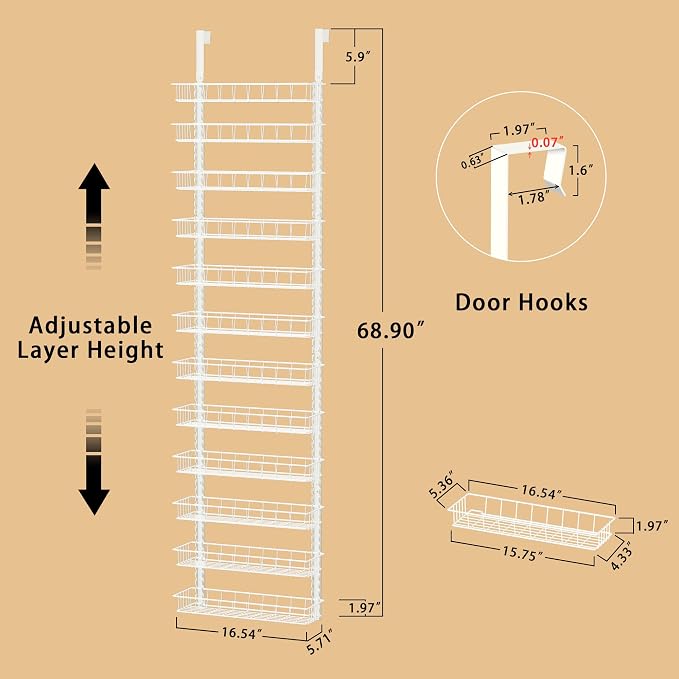 Churboro 12 Tier Over Door Pantry Organizer, 2-in-1 Adjustable Spice Rack | Pantry Door Organizers and Storage, Hanging or Wall Mount Spice Rack, Sturdy Metal Shelves with 12 Adjustable Baskets, White - Image 2
