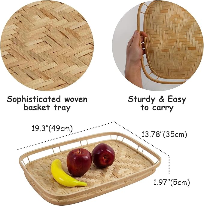 PEMAR Extra Large Bamboo Serving Trays with Handles, Set of 2 Measuring 19.3" x 13.8" Large Woven Dinner Tray, Rustic Wicker Rattan Tray Style for Eating, Bed Breakfast, Couch TV Lap Tray - Image 9