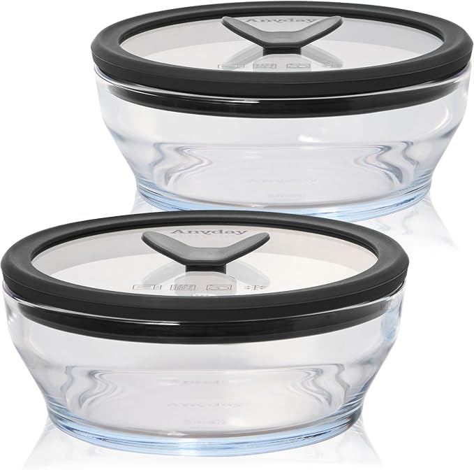 Anyday 2-Pack 2-Cup Glass Food Storage Set with Lids (Clear Black Sesame) | Plastic Free Meal Prep, Stackable Airtight Container, Vented Glass Lid for Microwave-Safe Reheating by Anyday