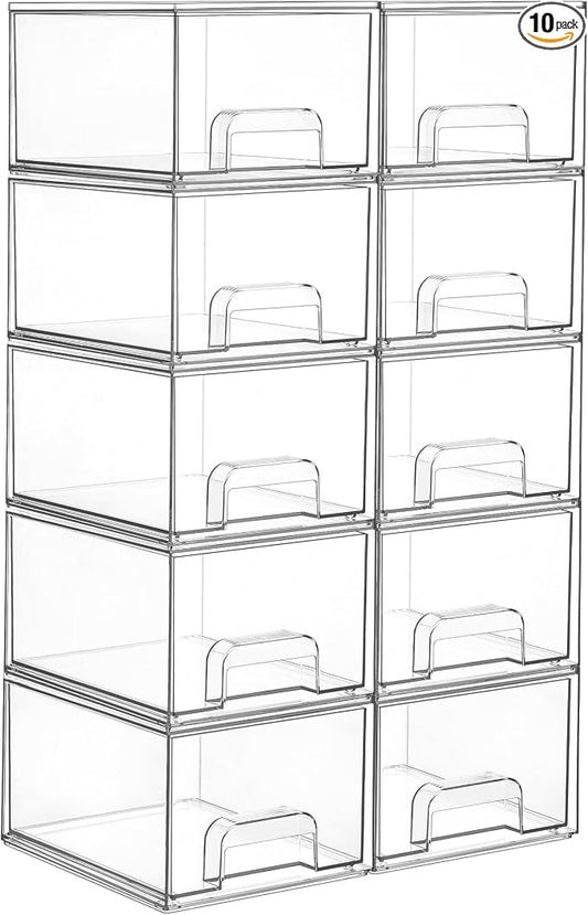 Vtopmart 10 Pack Small Clear Stackable Storage Drawers | Plastic Bathroom Makeup Organizer, For Vanity, Undersink, Kitchen Cabinets, Pantry, Home Organization by Vtopmart