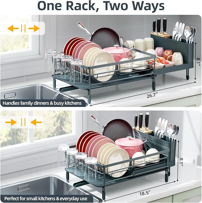 Urackify Extendable Dish Rack, 18.5"-26.7" L x 12.7" W, Dark Slate Gray | Multifunctional large dish rack with cup holder and built-in cutlery holder for versatile drying needs - Image 2