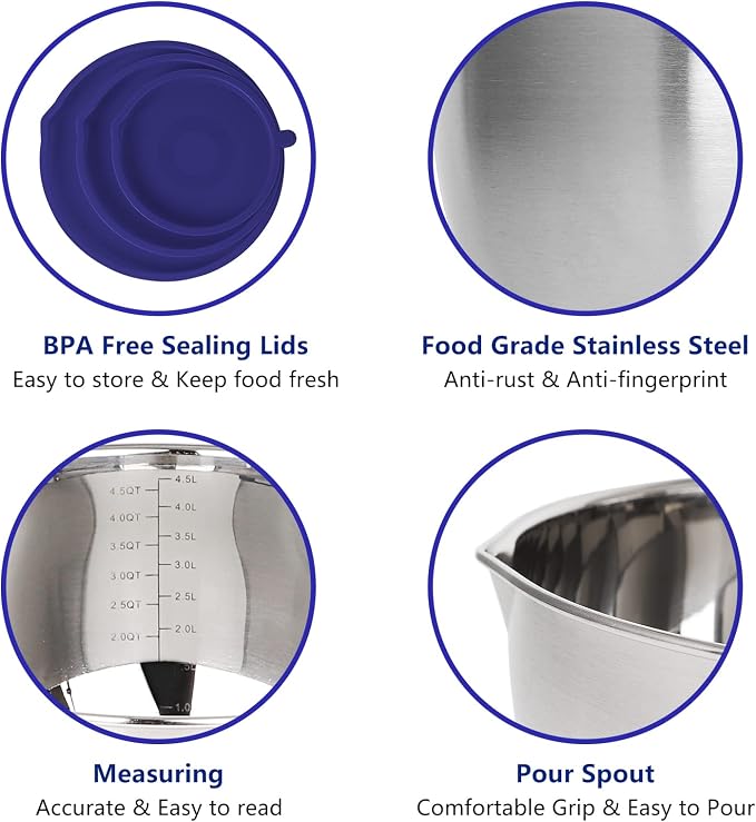 Hillbond Mixing Bowls with BPA Free Airtight Lids Stainless Steel Nesting Bowls with Pour Spout, Silicone Handle Non-Slip Bottoms for Baking, Dishwasher Safe Metal Bowls, 1.5, 3, 5 QT (Blue) | BPA Free Airtight Lids, Nesting Bowls with Pour Spout, Sili... - Image 4