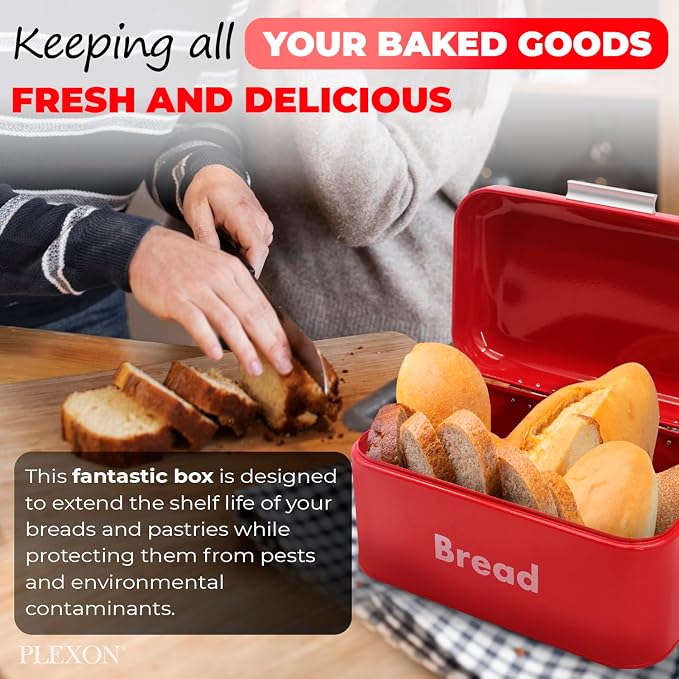 Plexon Bread Box for Kitchen Countertop, Bread Container with Coffee, Tea, Sugar Canisters, Metal 4-Piece Bread Box Set with Lids, Red - Image 4