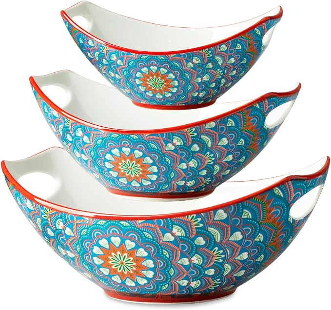 LAUCHUH Serving Dishes, Porcelain Bohemian Serving Bowls with Handles | Mixing Bowls Set Salad Bowls Nesting Bowls for Entertaining, Thanksgiving Party, Bowl Set of 3, 15/28/49 oz, Blue and Yellow by LAUCHUH