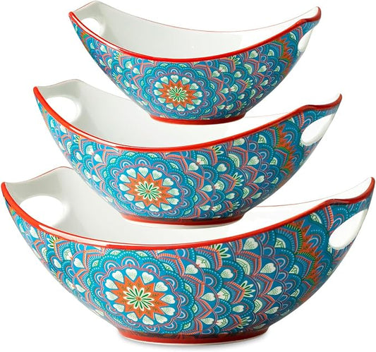 LAUCHUH Serving Dishes, Porcelain Bohemian Serving Bowls with Handles | Mixing Bowls Set Salad Bowls Nesting Bowls for Entertaining, Thanksgiving Party, Bowl Set of 3, 15/28/49 oz, Blue and Yellow by LAUCHUH