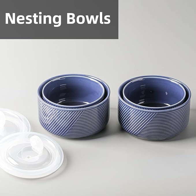 Ceramic Nesting Bowls with Lid, Microwave Safe, Set of 4, Navy | Food Storage Containers for Work Lunch Picnic Camping Meal Prep Soup Salad Cereal Leftovers - 5 & 6 Inch, 20 & 32 oz - Image 6