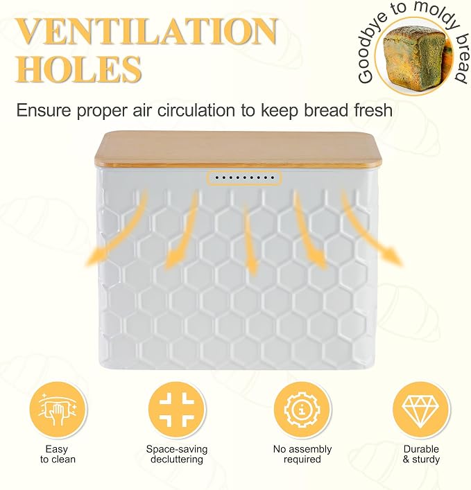 Extra Large Honeycomb Embossed Bread Box with Bamboo Lid | Corner Breadbox for Homemade Bread, White Metal Bread Storage Container Bin for Kitchen Countertop, Fits 2 Loaves of Bread - Image 6