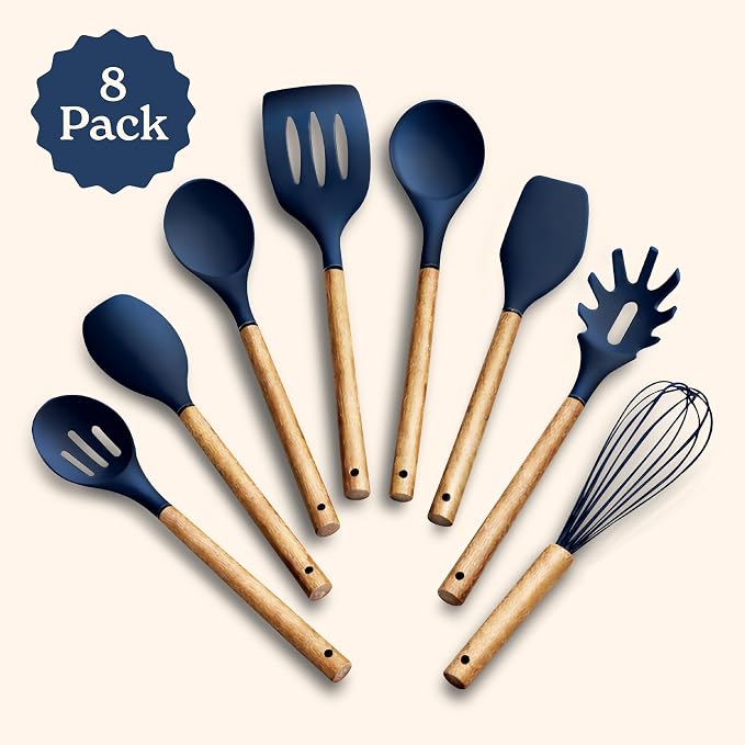 Country Kitchen Non Stick Silicone Utensil Set with Rounded Wood Handles for Cooking and Baking, 8 Piece Set, Navy - Image 2