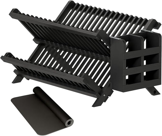 Greenual Black Bamboo Dish Drying Rack with Utensil Holder, 2 Tier Collapsible Dish Rack, Wooden Dish Racks for Kitchen Counter, Folding Drying Holder with Absorbent Dish Drying Mat by Greenual