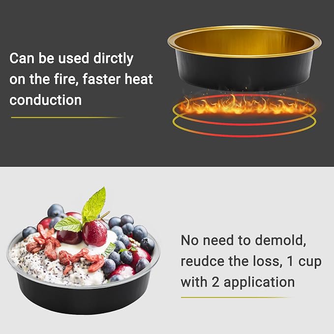 Beasea Aluminum Cupcake Pans With Lids, 4 Inch 50 Pack Disposable Pie Pans For Cake, 8 Oz Aluminum Pie Pan Tin Black Golden Tart Pans Round Oven Baking Mini Cake Pan For Pie Tart Quiche - Image 3