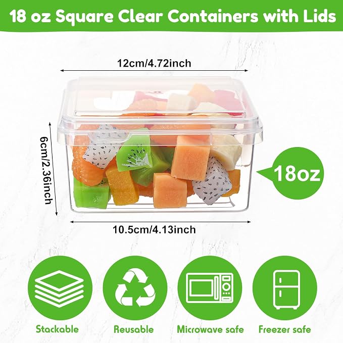 18 oz 50 Pack Small Square Deli Containers with Lids Plastic Freezer Food Reusable Meal Dessert Ice Cream Containers with Labels for Takeout Meal Storage Microwave Freezer Safe(Clear) - Image 2