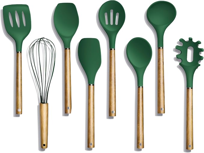 Country Kitchen Non Stick Silicone Utensil Set with Rounded Wood Handles for Cooking and Baking, 8 Piece Set, Green by CountryKitchen
