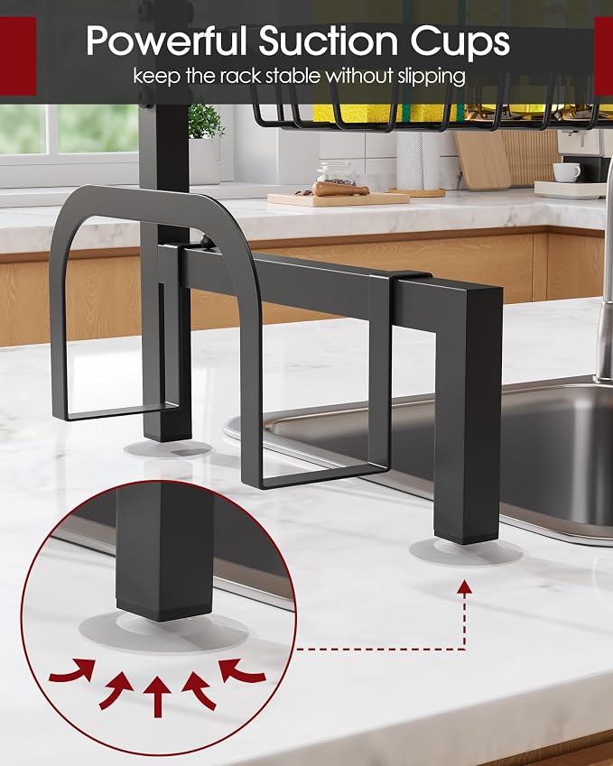 Sakugi Over The Sink Dish Drying Rack - Adjustable 3 Tier XX-Large Capacity Stainless Steel Drainer with Cutlery & Utensil Holders, Kitchen Storage & Organization, 31.5"-39.5"L x 12"W x 30.5"H, Black - Image 4