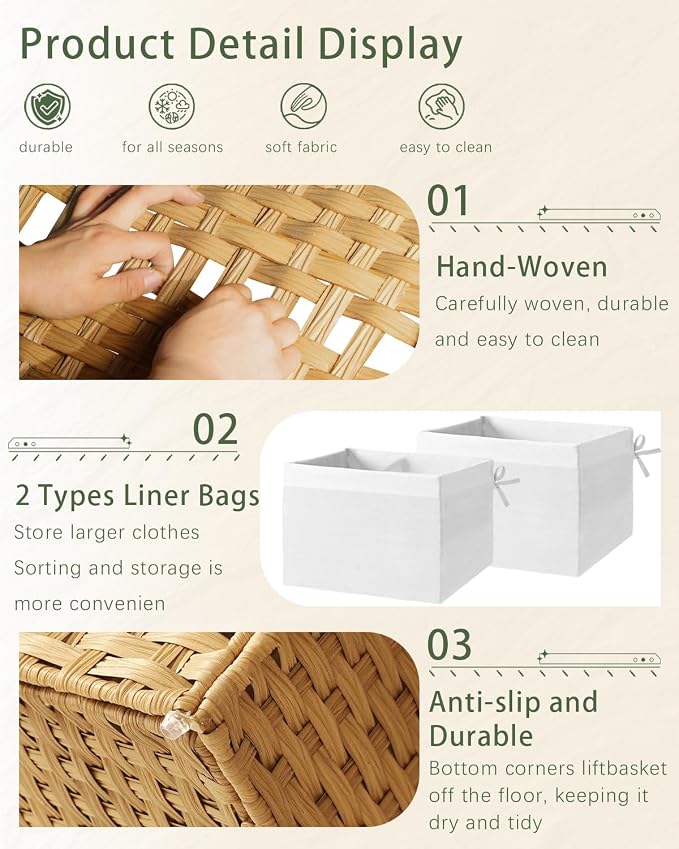 SETVSON Storage Basket with Lid Rattan Woven Storage Baskets with 2 Separate Lids, 17.2 Gallon (65 L), 22 x 13 x 13.8 Inches,Foldable, 2 Removable Liner Bags Handles for Bedroom, Laundry Room Natural - Image 3