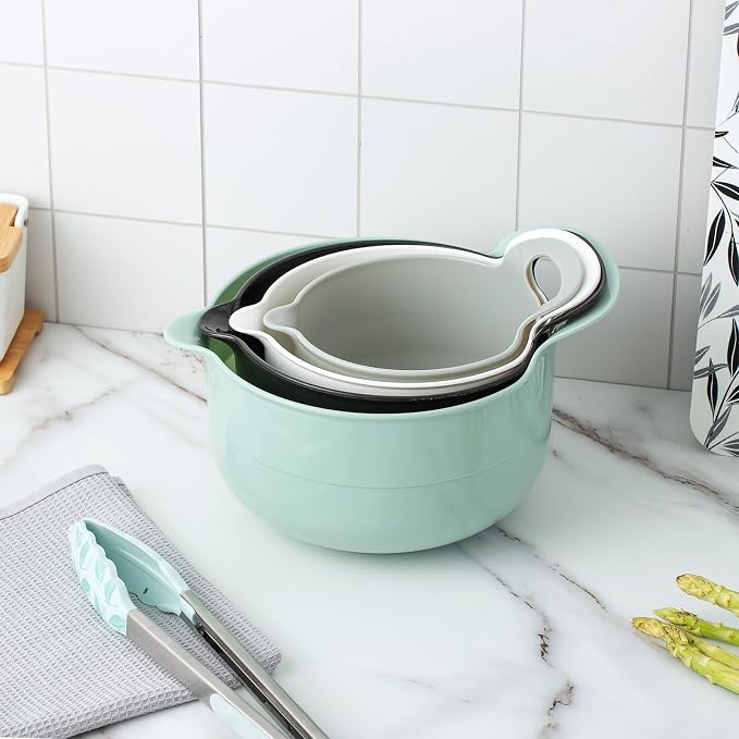 COOK WITH COLOR Nesting Plastic Mixing Bowl Set with Pour Spouts and Handles, Mint, 4 Piece Non-Slip - Image 2