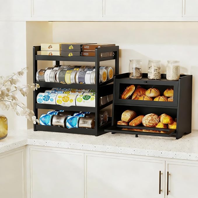 BAMBANG Can Organizer for Pantry, Detachable Bamboo 4 Tier Stackable Can Food Storage Rack, Rolling Soda Can Dispenser Can Holders for Cabinet, Holds Up to 48 Cans, Black - Image 5