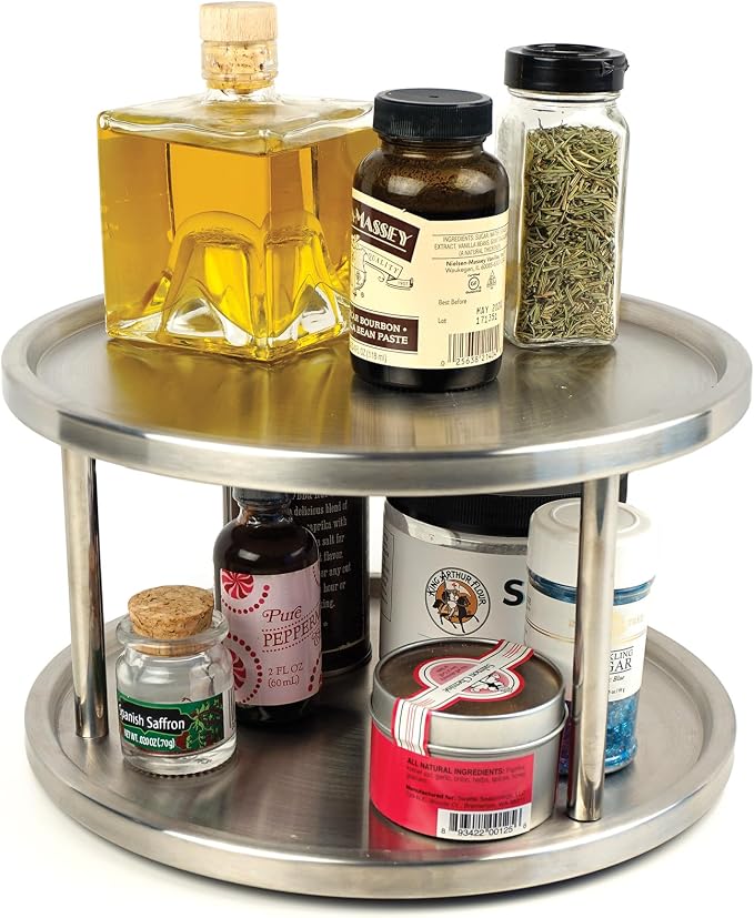 RSVP International Two-Tier Turntable Lazy Susan | Handy in Cabinet, Refrigerators & Counters | Organize Spices, Canned Foods, Pots, Pans, Dinnerware, 10.5" x 6", Stainless Steel - Image 3