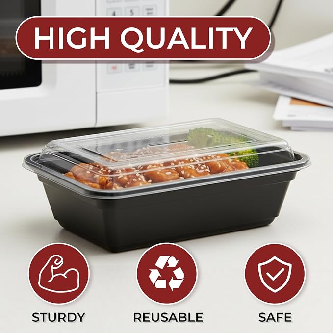 100 Pack (200-Piece) 32 oz Meal Prep Containers with Lids Reusable Food Storage Containers Sturdy Leakproof To Go Plastic Takeout Containers for Microwave, Freezer, Dishwasher Safe - Image 3