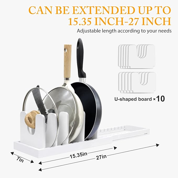 MinBoo Bamboo Expandable Pot Lid Organizer, Pot and Pan Organizer Drawer Organizer for Pot Lids, Adjustable 10 U-Shaped Dividers for Kitchen Cabinet Organizers and Storage,White - Image 3