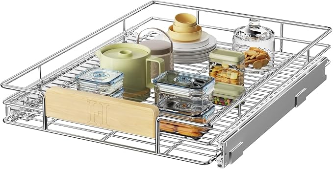 LOVMOR Pull Out Cabinet Organizer with Wooden Handle, 16½" W x 21½"Heavy Duty Cabinet Drawers Shelves Slide Out Organizer for Kitchen, Pantry by LOVMOR