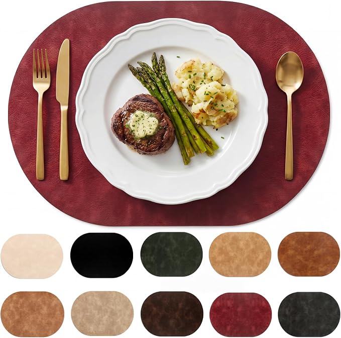 Placemats, Oval Placemats 2mm Ultra Thick Faux Leather Table Mats, Heat Resistant Waterproof Wipeable Dining Mats for Kitchen Table, Set of 8, Wine Red by BIPASION