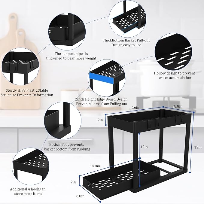 2pcs Under Sink Organizer Kitchen Bathroom Storage Cabinet 2 tier Sliding Drawer Counter Organization Shelf Storage Drawers Rack with Pull Out Basket and Hooks Black - Image 4