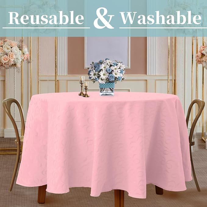 Pink Round Tablecloth, 1PC Circle Table Cover 70" (Seat 4-6) - Cotton Polyester, Wrinkle/Fade Resistant, Washable & Reusable - Luxury Jacquard Table Cloth for Valentine's Day & Wedding, Bows Design - Image 2