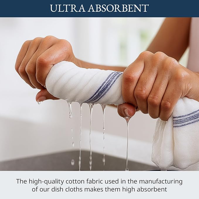 LANE LINEN Kitchen Towel Set - 24 Pack 100% Natural Cotton Absorbent Dish Towels for Kitchen, Reusable Wash Cloths, Machine Washable Hand Cloth, 14"x25", Soft & Durable - Blue Stripe - Image 4