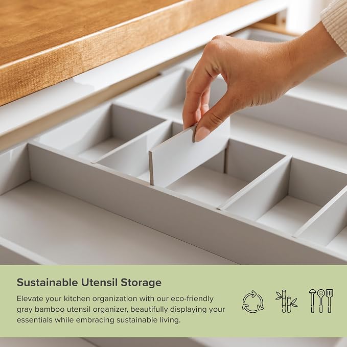 Utensil & Junk Drawer Organizer, 19-33 in, Gray Bamboo | Food-safe contract grade, 100% sustainable wood, non-slip, adjustable - Image 5