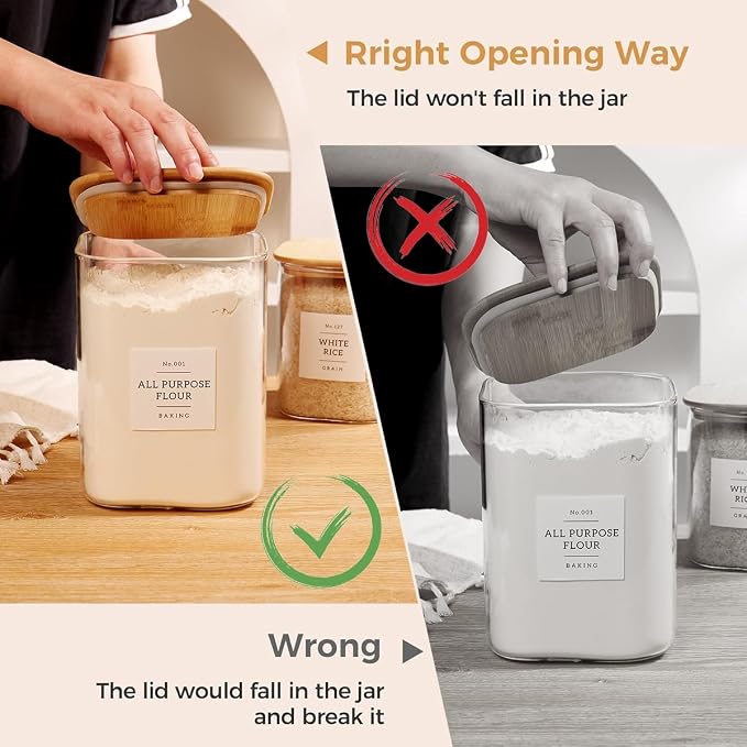 2 Pack large Square Glass Flour and Sugar Containers with 132 Kitchen Pantry Labels - 110 floz & 51 floz - Glass Jars with Airtight Bamboo Lid - Glass Rice Canisters for Coffee, Pasta, Cookie, Cereal - Image 6