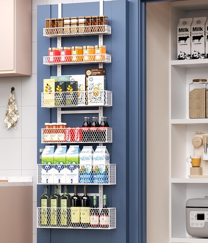 6-Tier Over The Door Pantry Organizer,Hanging Spice Rack,Grid Basket,White | Height Adjustable,Large Capacity,Grid Base for Stable Stoage,For Pantry Door,Laundry Room,Bathroom,Kitchen,D5.3xW15.7xH60.9in by Bunoxea