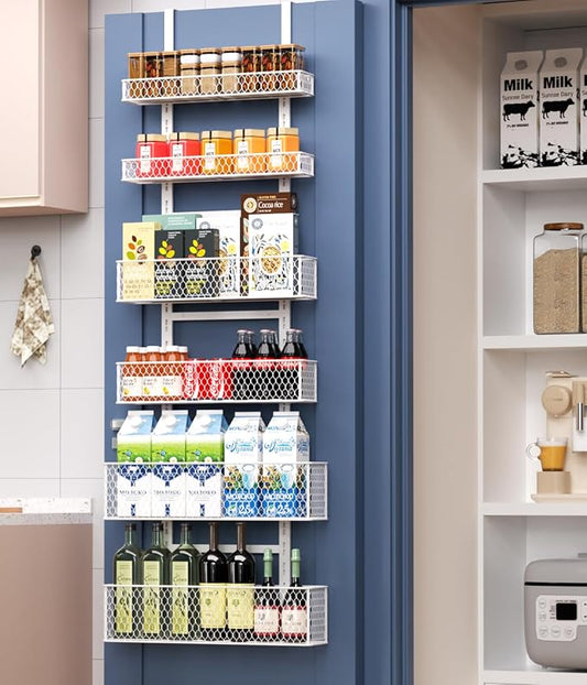 6-Tier Over The Door Pantry Organizer,Hanging Spice Rack,Grid Basket,White | Height Adjustable,Large Capacity,Grid Base for Stable Stoage,For Pantry Door,Laundry Room,Bathroom,Kitchen,D5.3xW15.7xH60.9in by Bunoxea