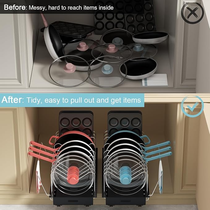 Pots and Pans Organizer Under Cabinet - 22" Deep Expandable | Pot Organizers inside Cabinet with 10 Adjustable Dividers & Handrail, No Drill Pot Lid Holder, Sliding Pot Lid Holder, 1 Pack - Image 8