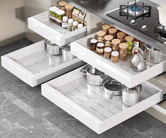 Seinloes 4 Pack Pull Out Cabinet Organizer 21" Deep,Full Extension 3 Slide Rails Slide Out Drawers With Raising Pad for Framed Cabinets,Expandable Width (12.3"-20.5"),No Drill Roll Out Shelves,White by Seinloes