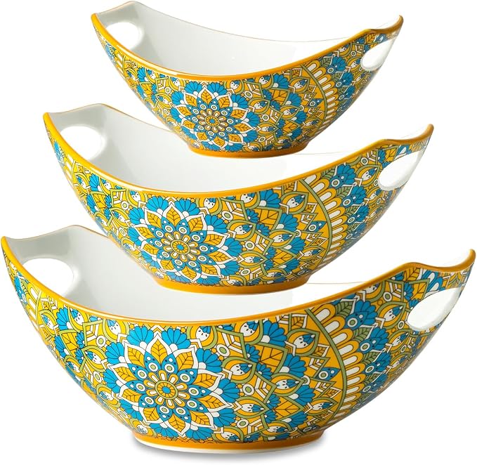 LAUCHUH Serving Bowls with Handles, Bohemian Porcelain Serving Dishes | Mixing Bowls for Entertaining Colorful Nesting Bowls Salad Bowls for Kitchen, Thanksgiving, Set of 3, 15/28/49 oz, Blue & Red by LAUCHUH