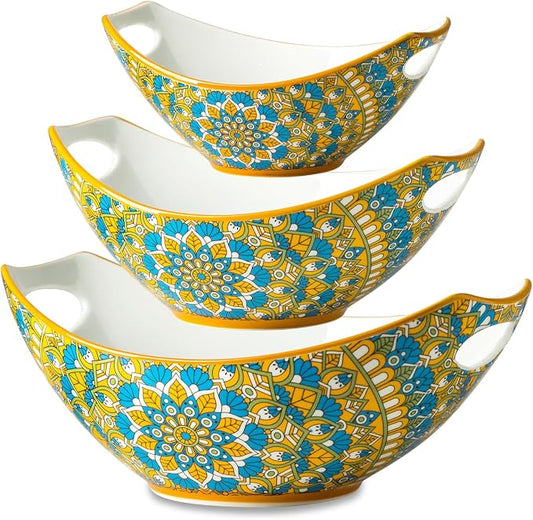 LAUCHUH Serving Bowls with Handles, Bohemian Porcelain Serving Dishes | Mixing Bowls for Entertaining Colorful Nesting Bowls Salad Bowls for Kitchen, Thanksgiving, Set of 3, 15/28/49 oz, Blue & Red by LAUCHUH