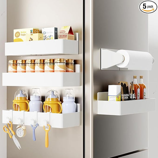 Mystozer Magnetic Spice Rack for Refrigerator, 4 Pack Magnetic Shelf and 1Pack Paper Towel Holder,Fridge Organizers and Storage White(5 Pack) by Mystozer