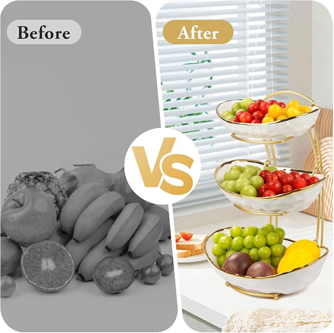 3 Tier Fruit Bowl for Kitchen Counter, Ceramic Fruit Basket with Metal Stand, Tiered Fruit Bowl for Counter Serving Stand for Fruit Vegetable Storage, Snack, Nuts, Cake, Dessert - Image 6